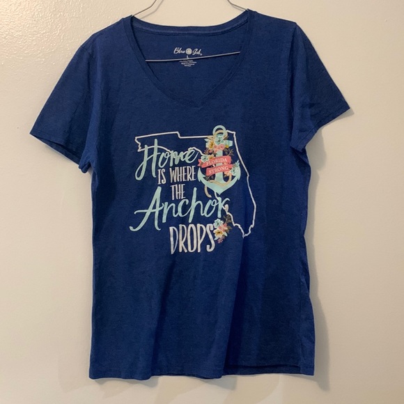 Blue Sol large blue v neck t shirt. Home is where the anchor drops. Yacht boat - Picture 2 of 5